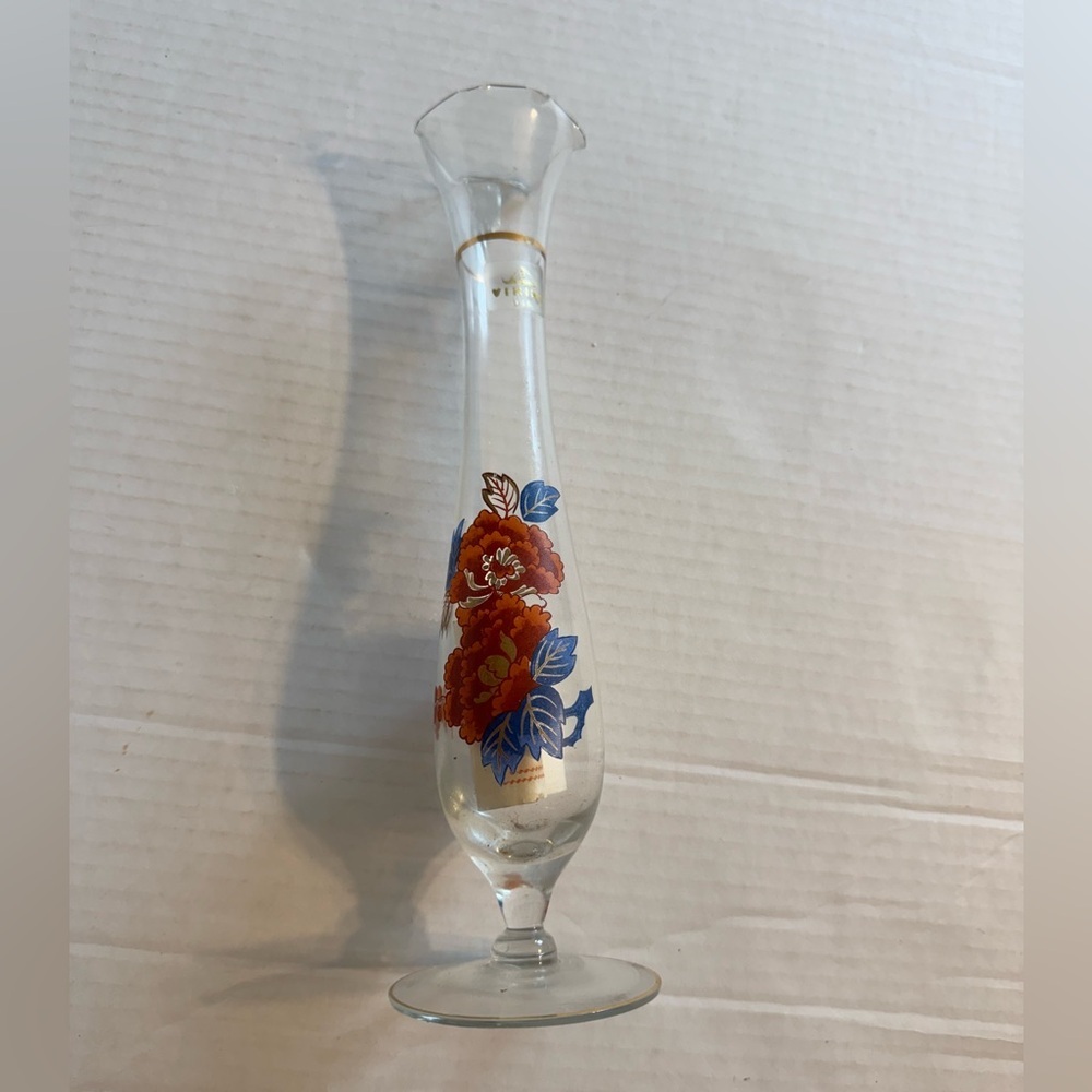 Viking Usa Vintage Glass Bud Vase With Red Blue Floral Design And Gold Trim